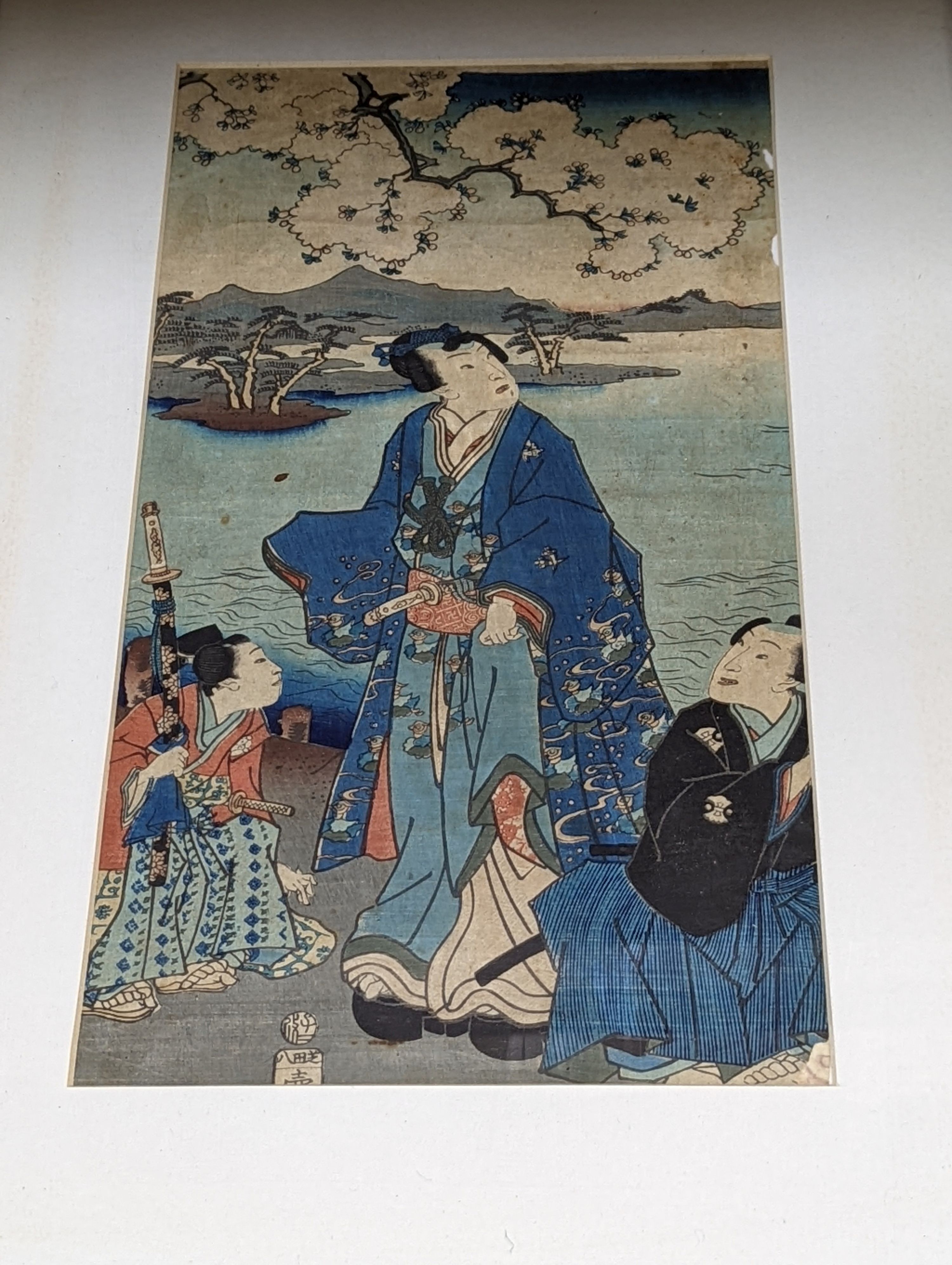 Toyokuni III (1786-1864), wood cut print, 'Prince Genji and his pages', 34 x 18cm, a study of a samurai by Kunisada, 35 x 24cm and four other Japanese woodblock prints